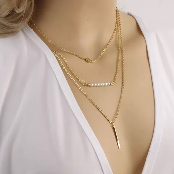 Gold Filled Pearl Bar Multilayer Necklace - Picture 2 of 2